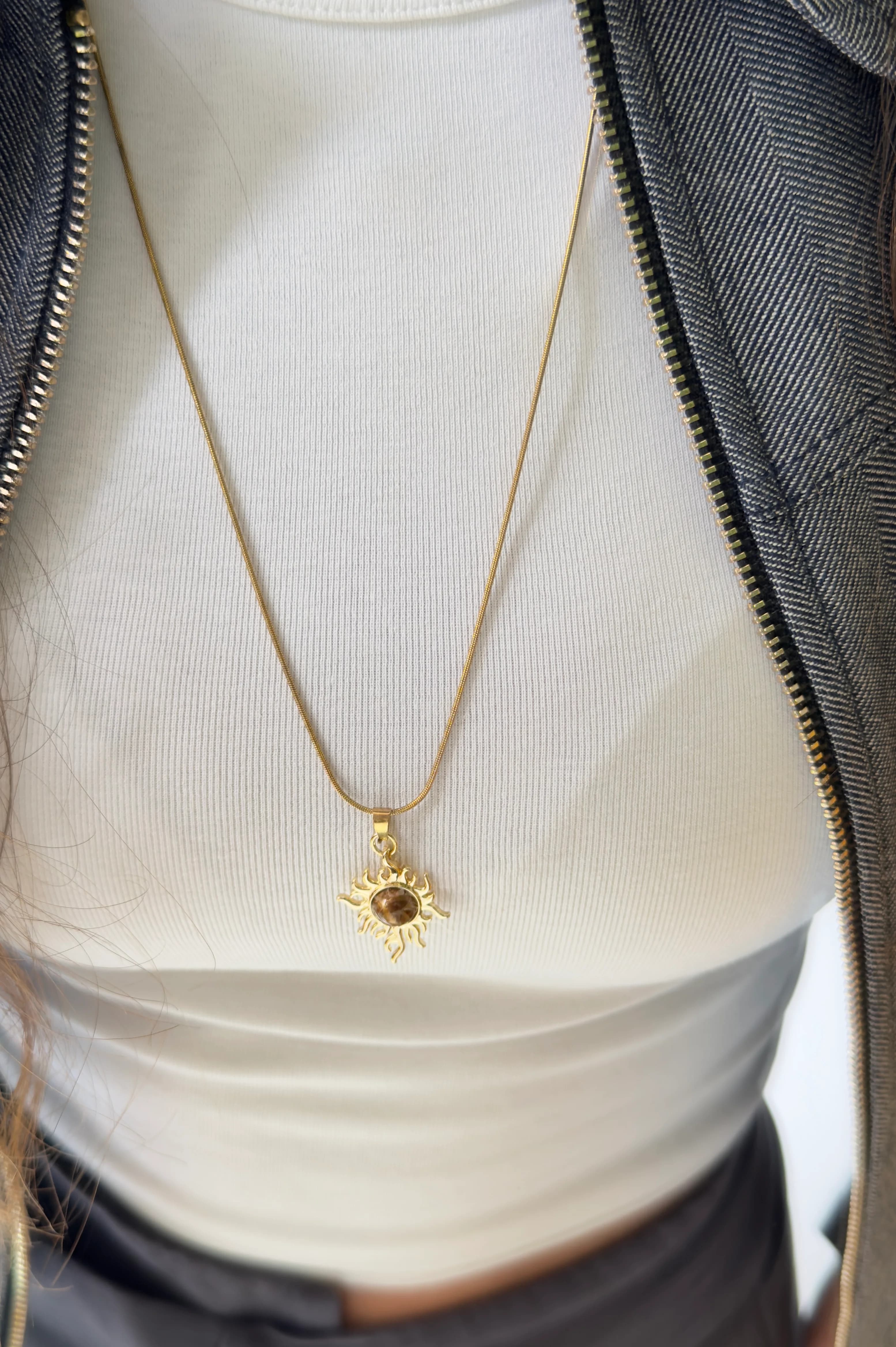 Çelik Kahve Güneş Uzun Kolye 60 cm