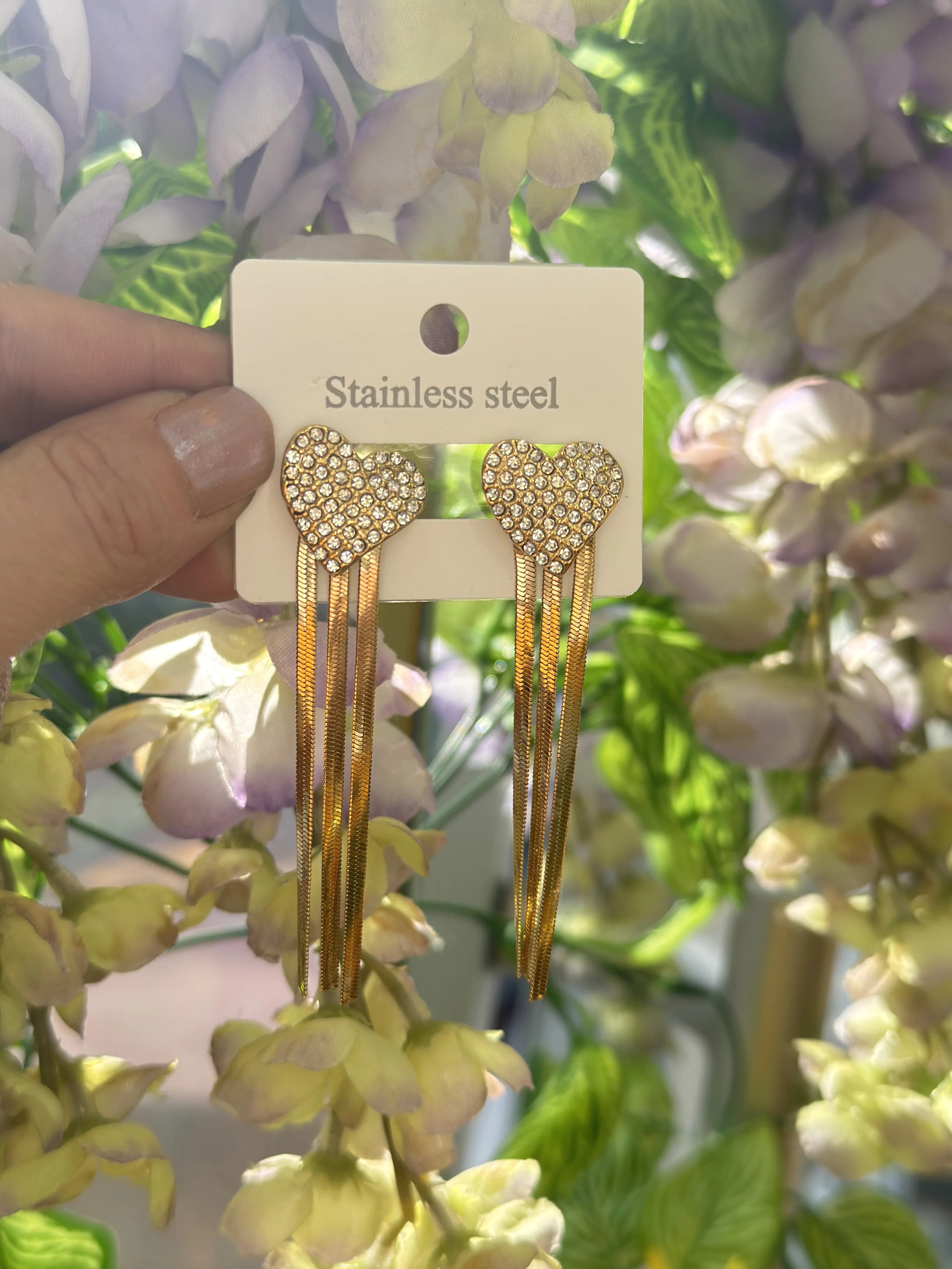 Çelik Gold Taşlı Kalp Uzun Küpe
