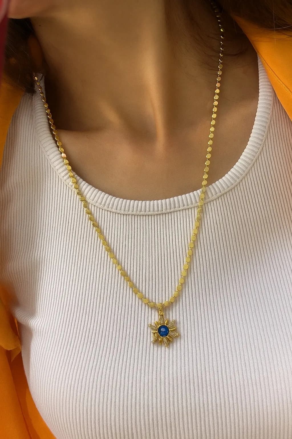 Altın Kaplama Pul Zincir Taşlı Güneş Kolye