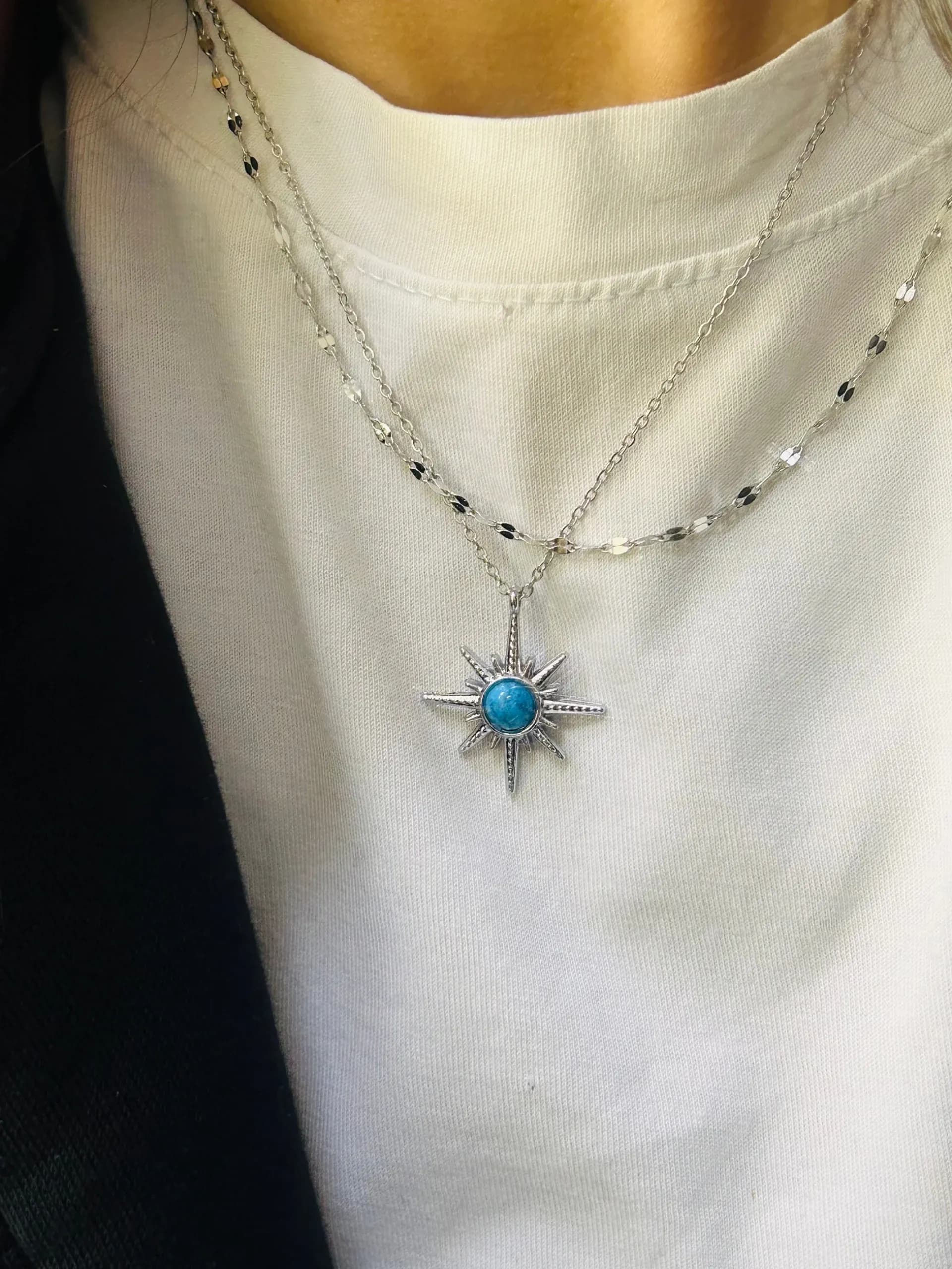 Çelik 2 li Gümüş Renk Mavi Taş Kuzey Yıldızı Kolye