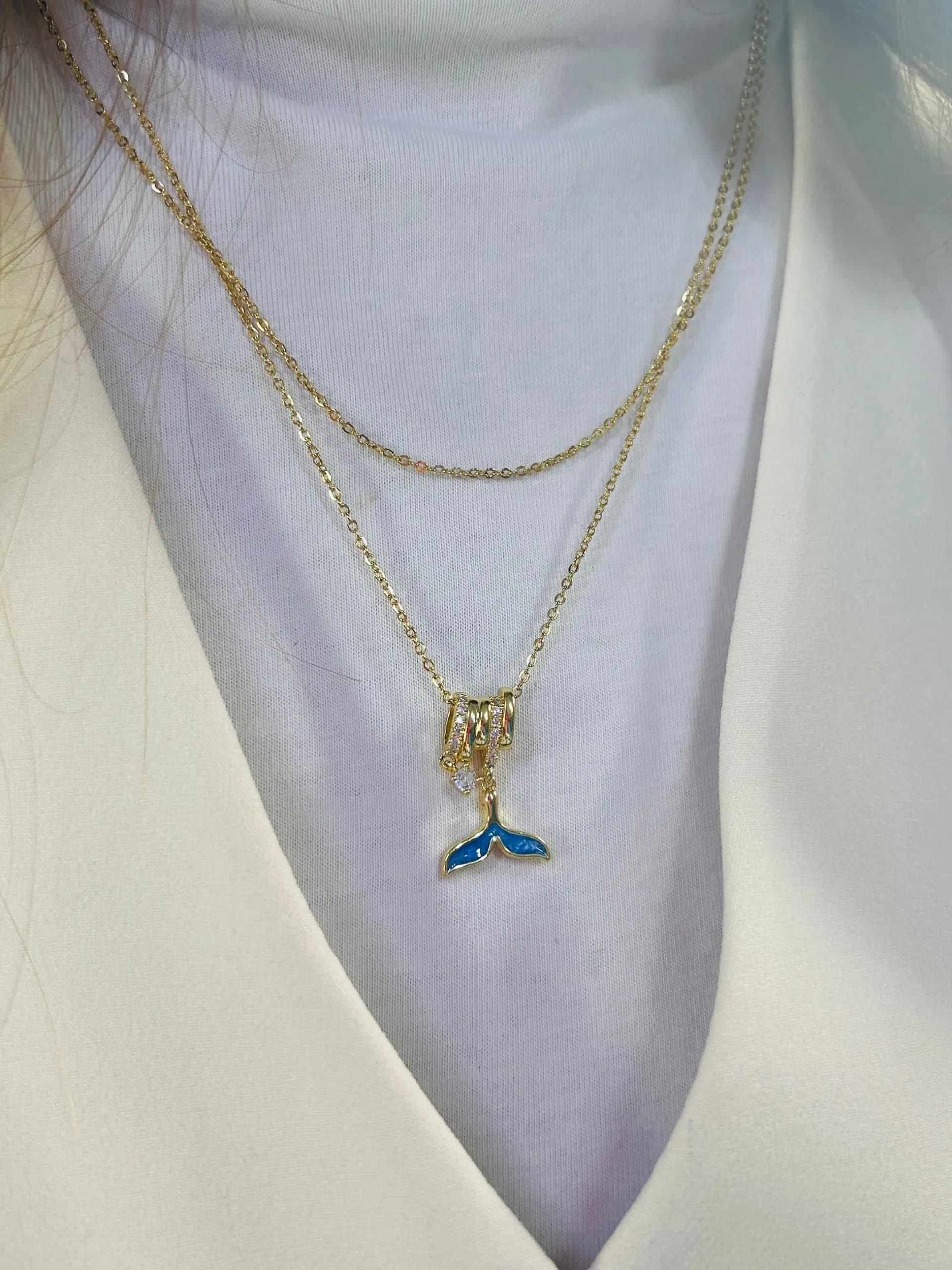 Çelik 2 li Zirkon Balina Kuyruğu Charm Kolye