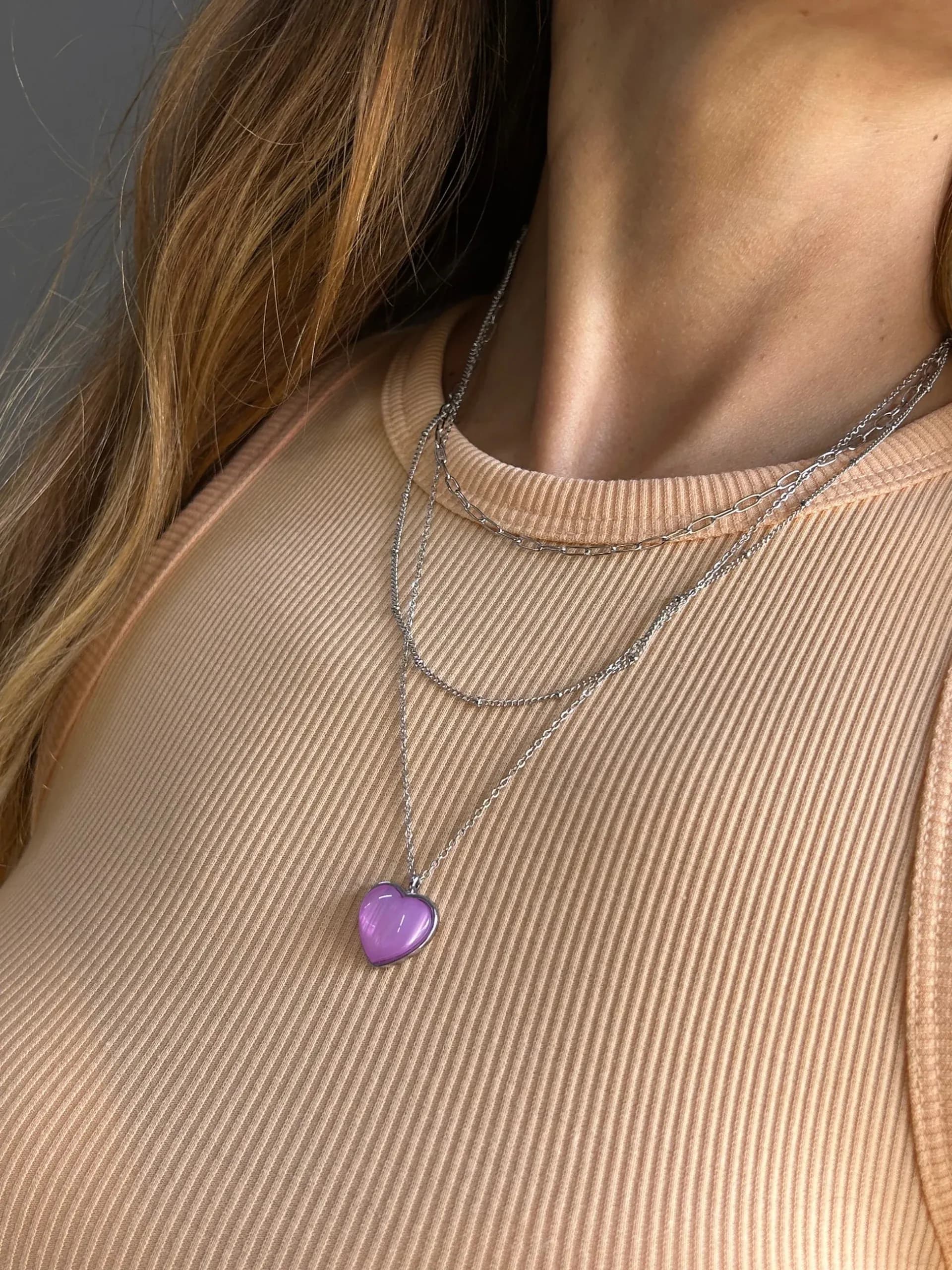 Çelik Çoklu Lila Kalp Kolye