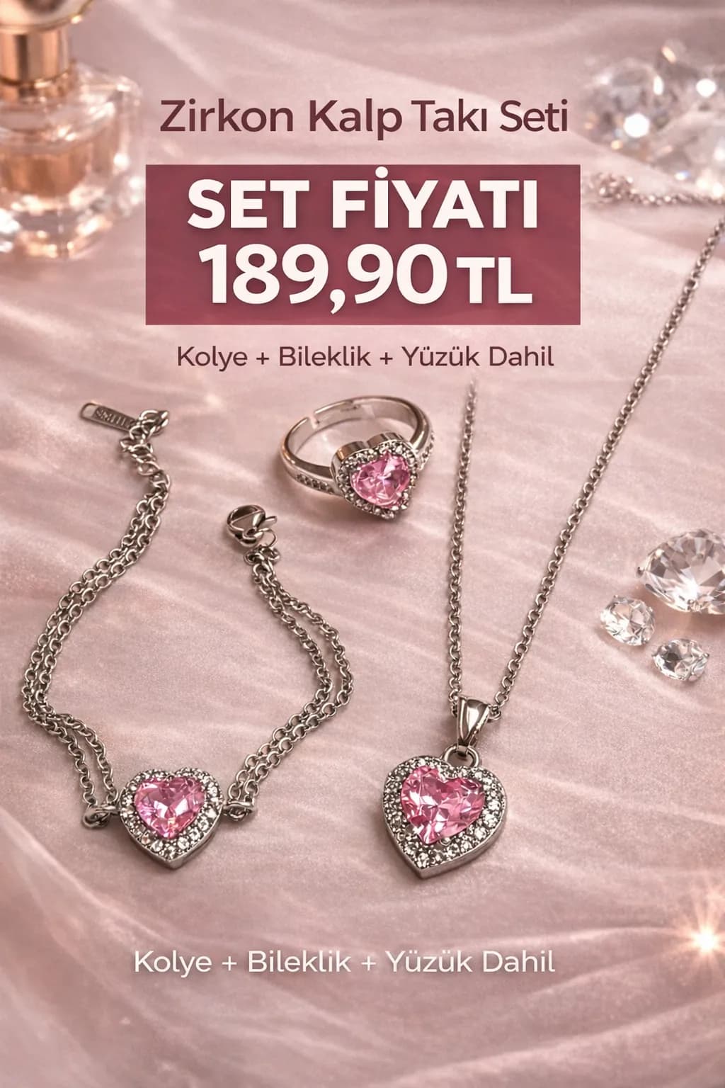 Çelik Gümüş Renk Pembe Kalp Set(yüzüklü)