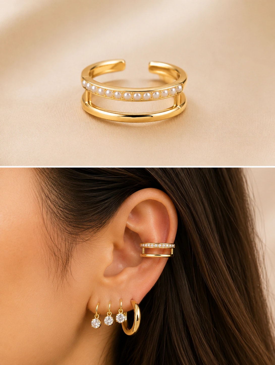 14K Altın Kaplama CM Earcuff İnci Kıkırdak Küpe